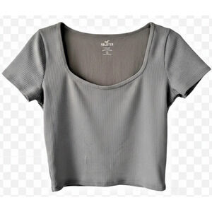 Hollister Crop Top Ribbed Square Neck Gray Short Sleeve Medium Minimalist Basic